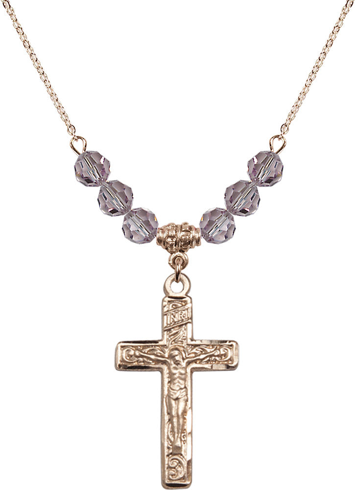 14kt Gold Filled Crucifix Birthstone Necklace with Light Amethyst Beads - 0674