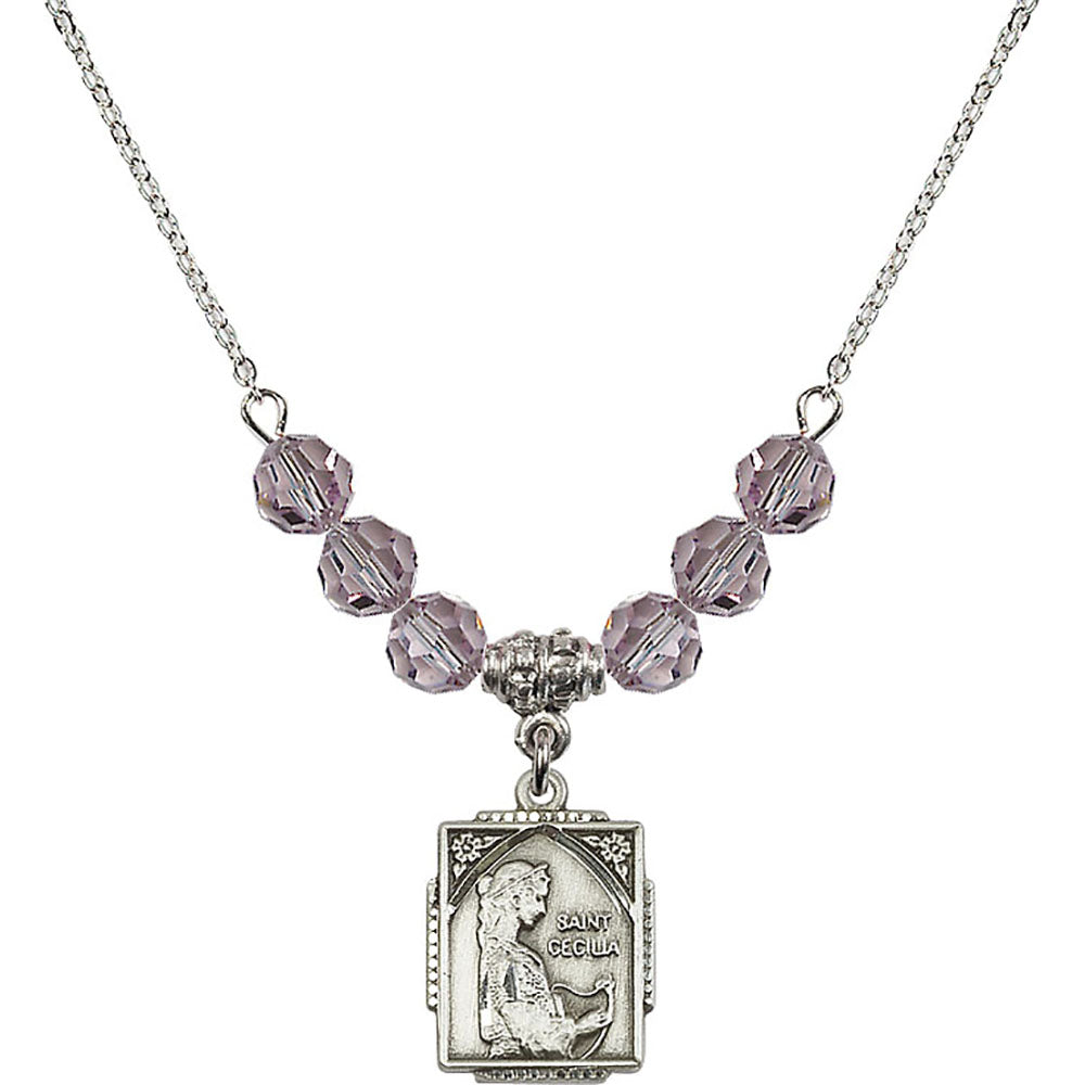 Sterling Silver Saint Cecilia Birthstone Necklace with Light Amethyst Beads - 0804