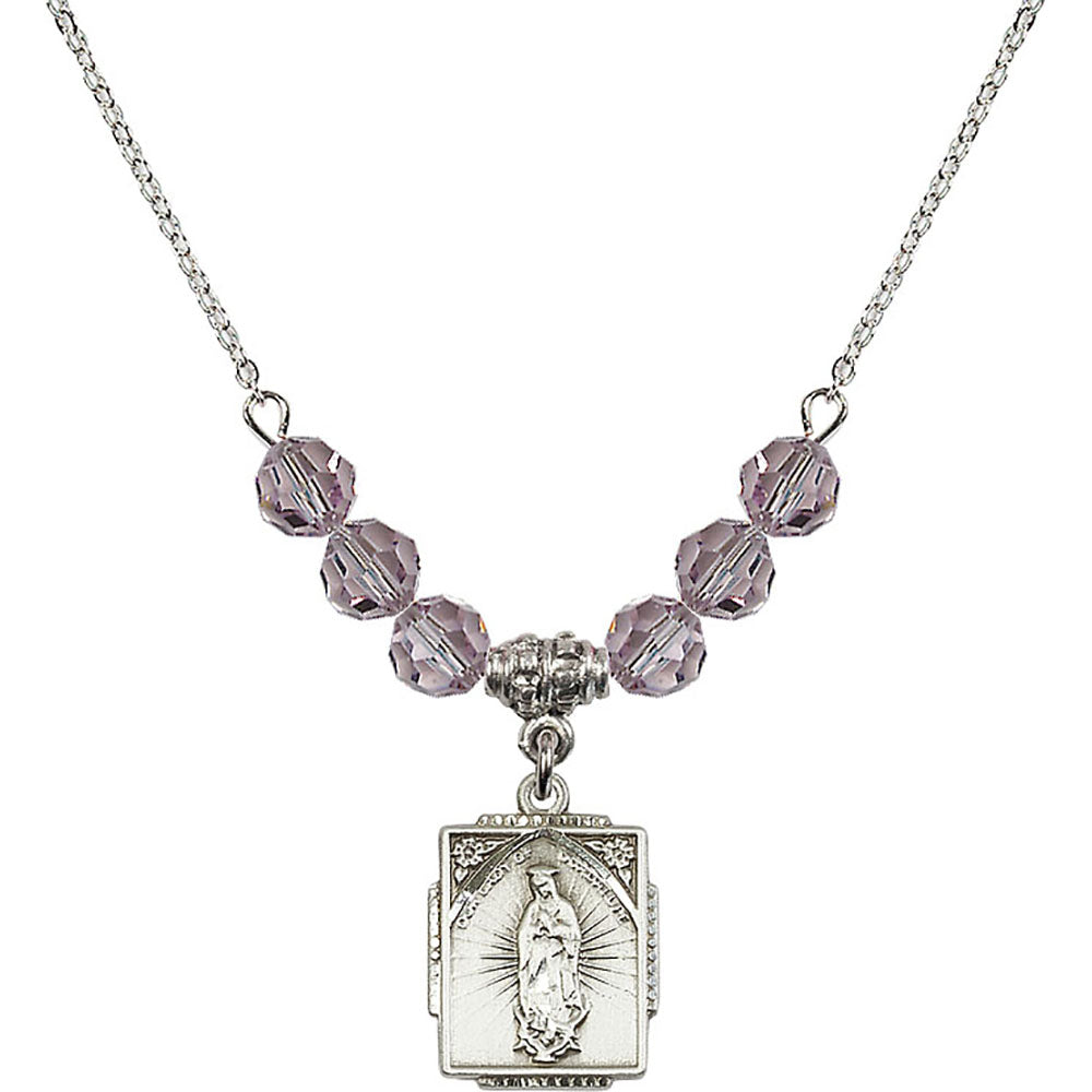 Sterling Silver Our Lady of Guadalupe Birthstone Necklace with Light Amethyst Beads - 0804