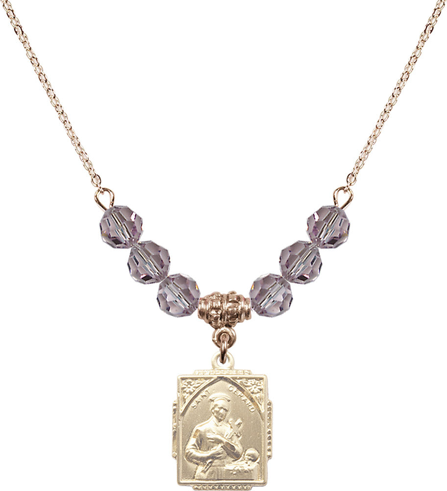 14kt Gold Filled Saint Gerard Birthstone Necklace with Light Amethyst Beads - 0804