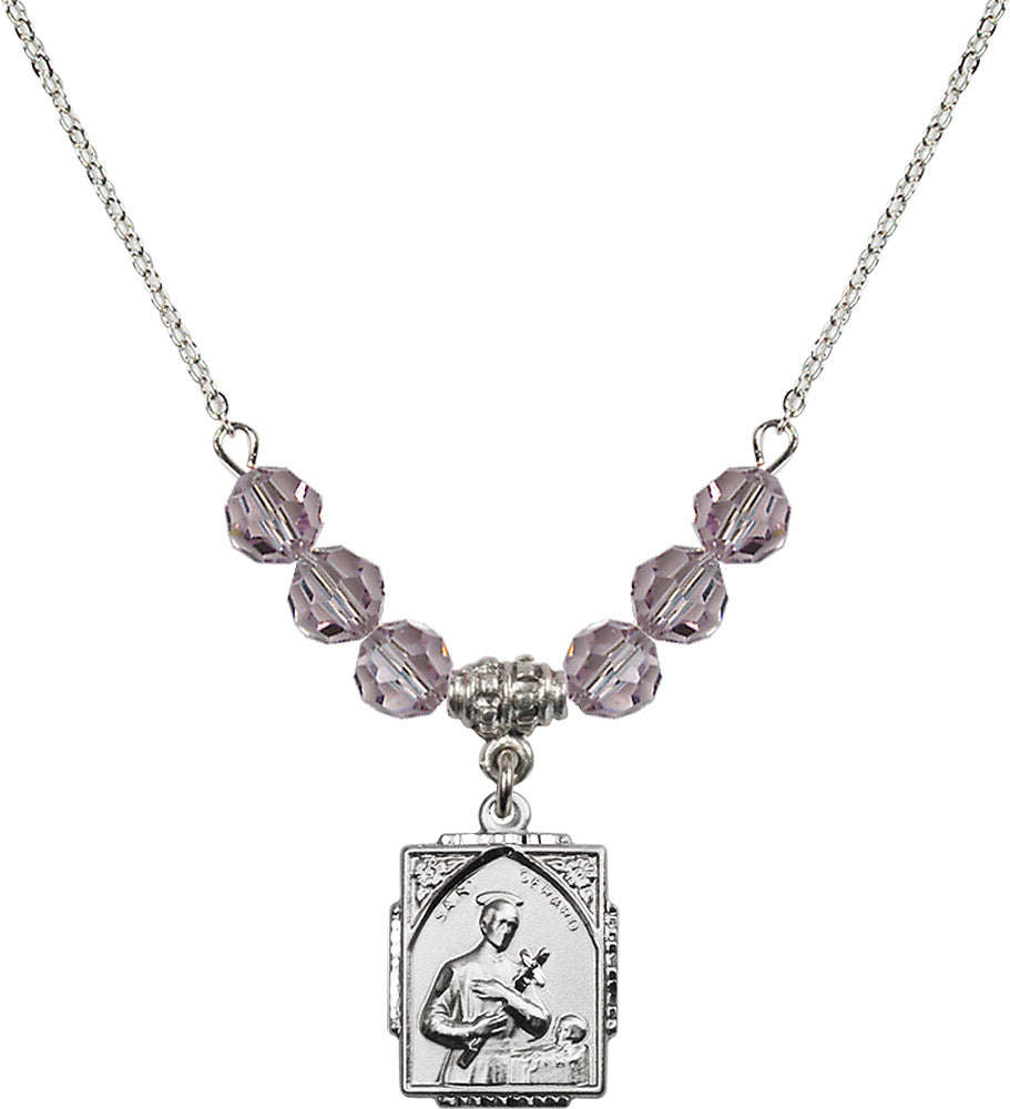 Sterling Silver Saint Gerard Birthstone Necklace with Light Amethyst Beads - 0804
