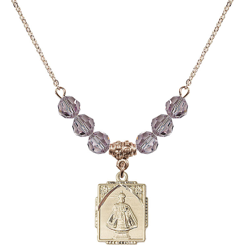 14kt Gold Filled Infant of Prague Birthstone Necklace with Light Amethyst Beads - 0804