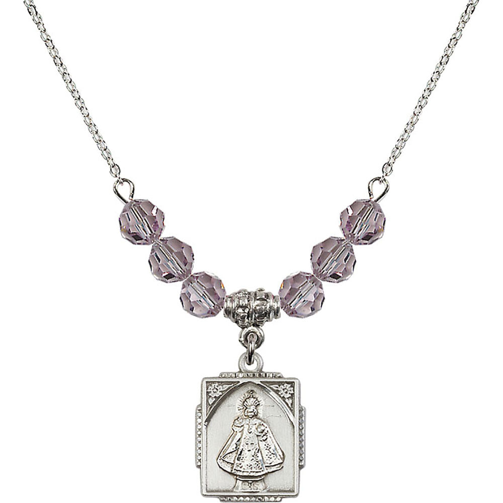 Sterling Silver Infant of Prague Birthstone Necklace with Light Amethyst Beads - 0804