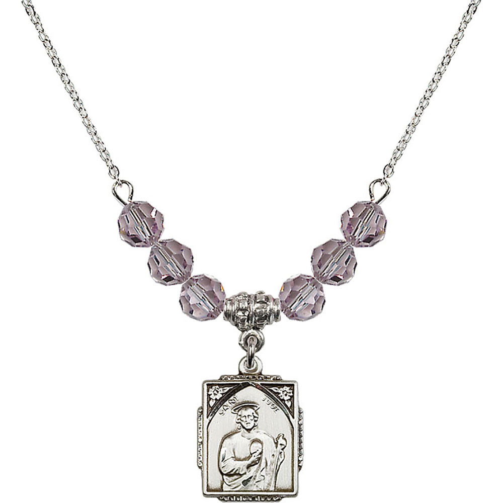 Sterling Silver Saint Jude Birthstone Necklace with Light Amethyst Beads - 0804