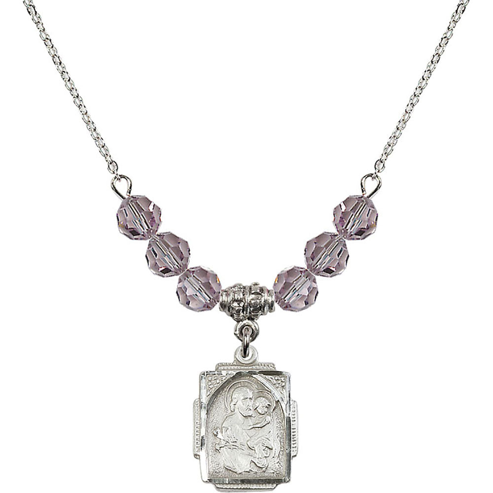Sterling Silver Saint Joseph Birthstone Necklace with Light Amethyst Beads - 0804