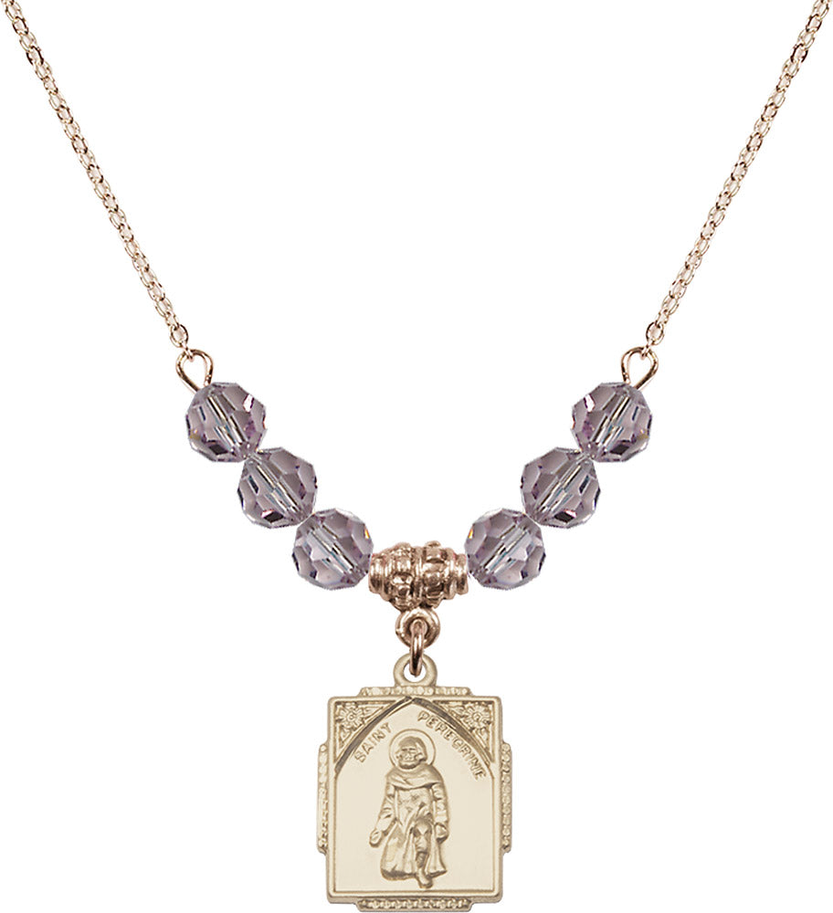 14kt Gold Filled Saint Peregrine Birthstone Necklace with Light Amethyst Beads - 0804