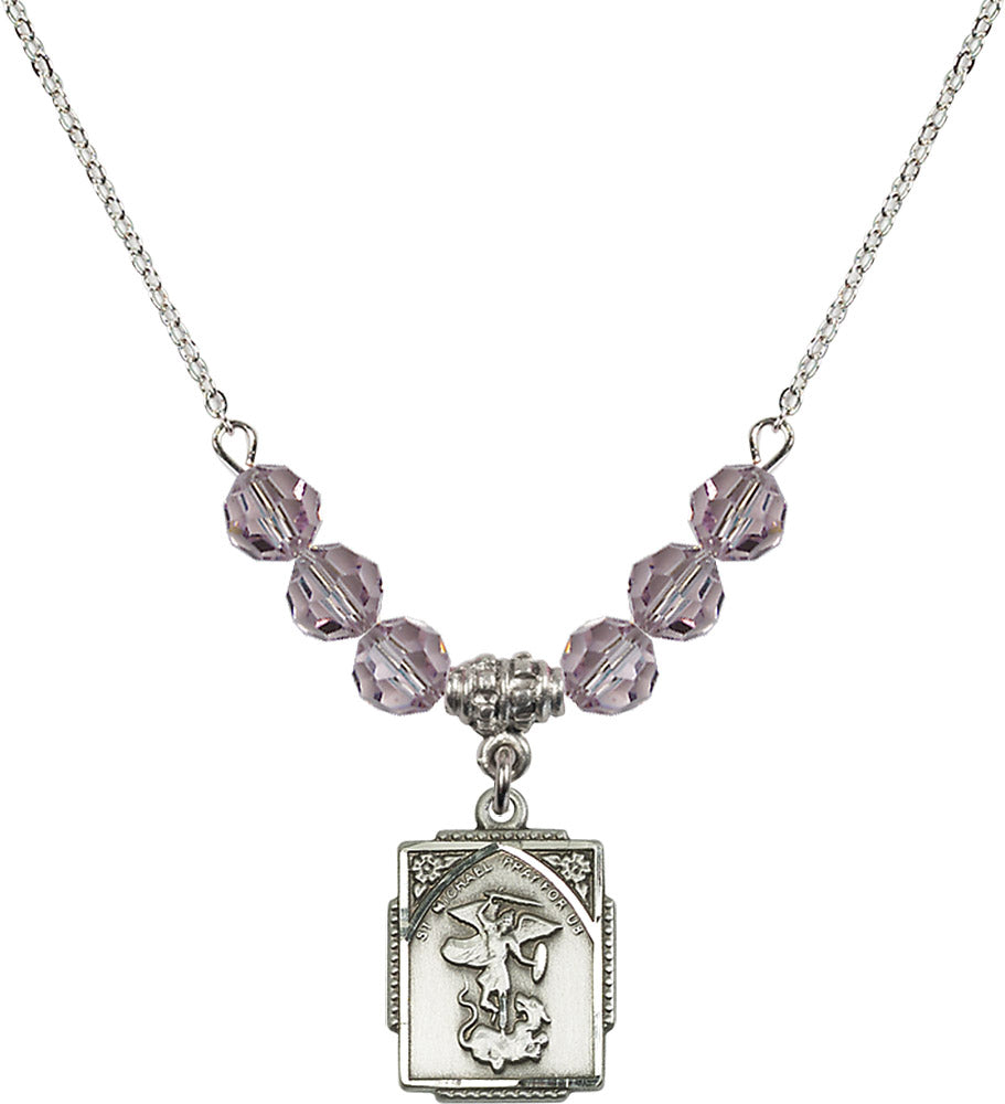 Sterling Silver Saint Michael the Archangel Birthstone Necklace with Light Amethyst Beads - 0804