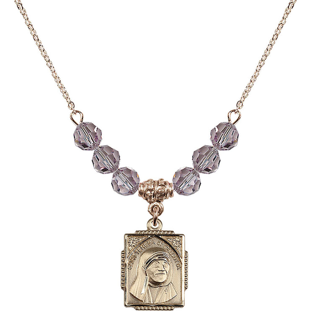 14kt Gold Filled Saint Teresa of Calcutta Birthstone Necklace with Light Amethyst Beads - 0804