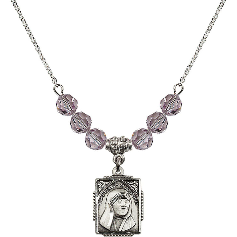 Sterling Silver Saint Teresa of Calcutta Birthstone Necklace with Light Amethyst Beads - 0804