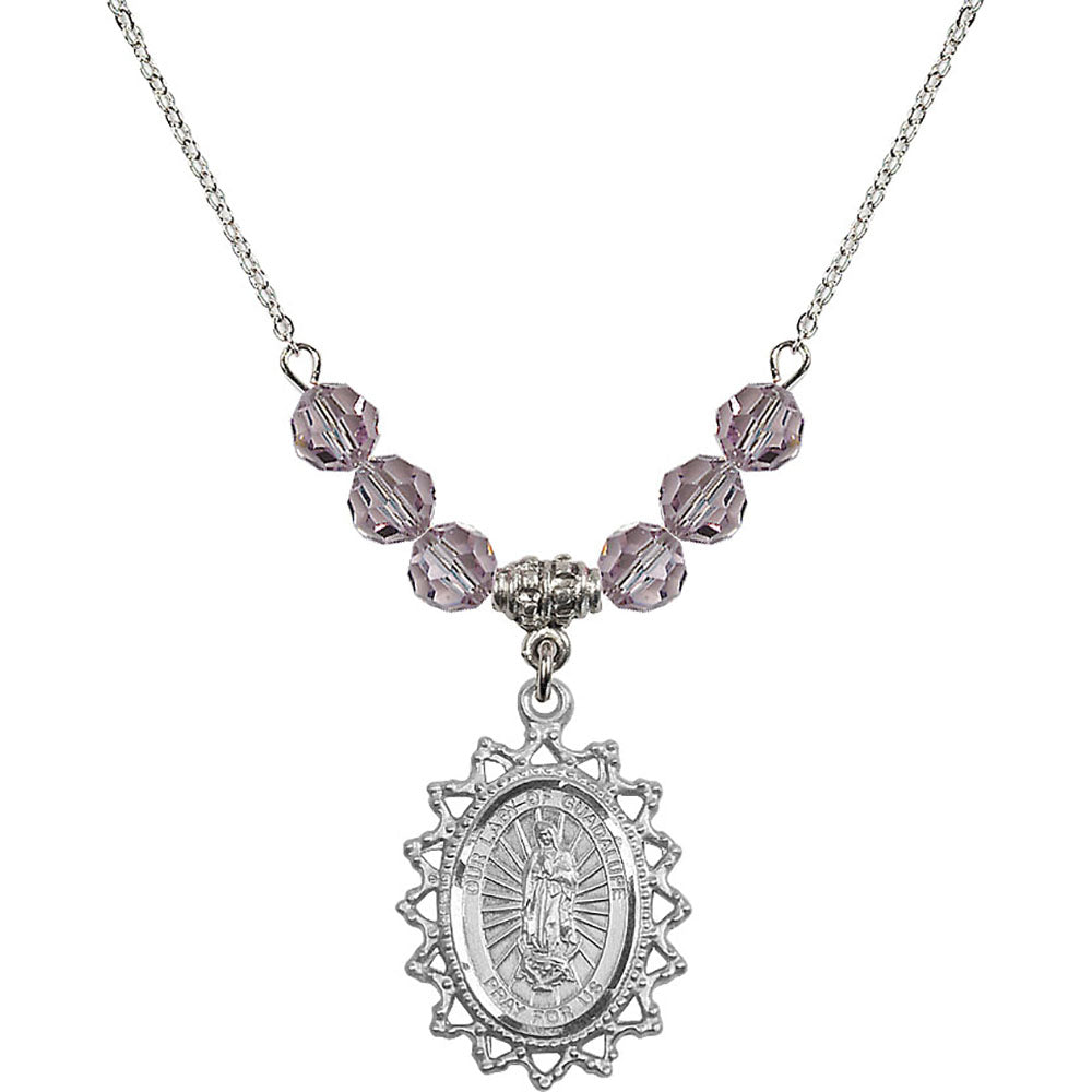Sterling Silver Our Lady of Guadalupe Birthstone Necklace with Light Amethyst Beads - 1619