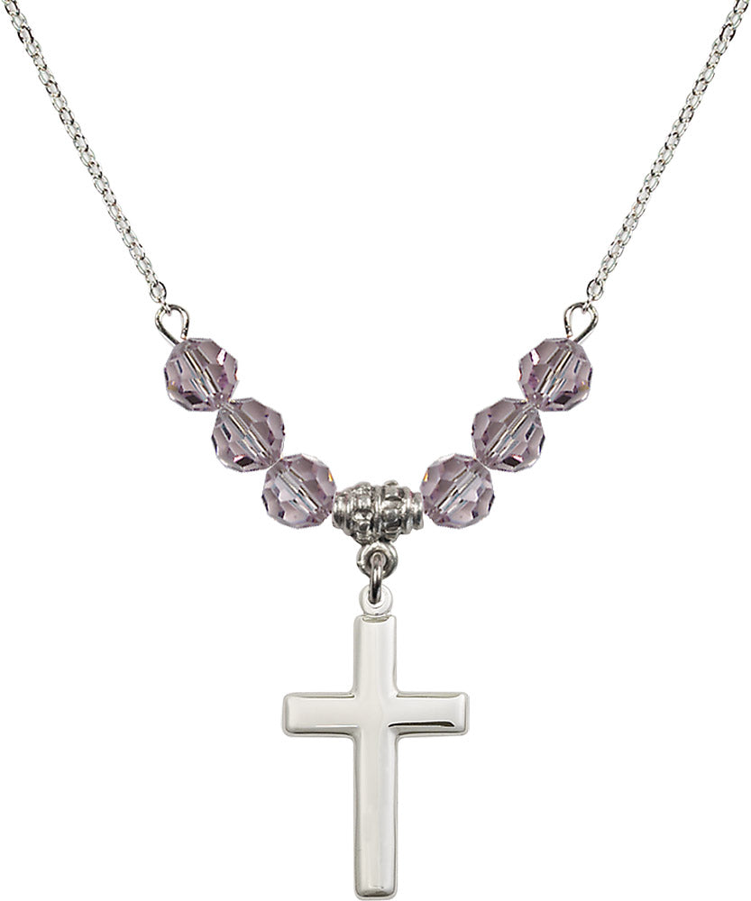 Sterling Silver Cross Birthstone Necklace with Light Amethyst Beads - 2195