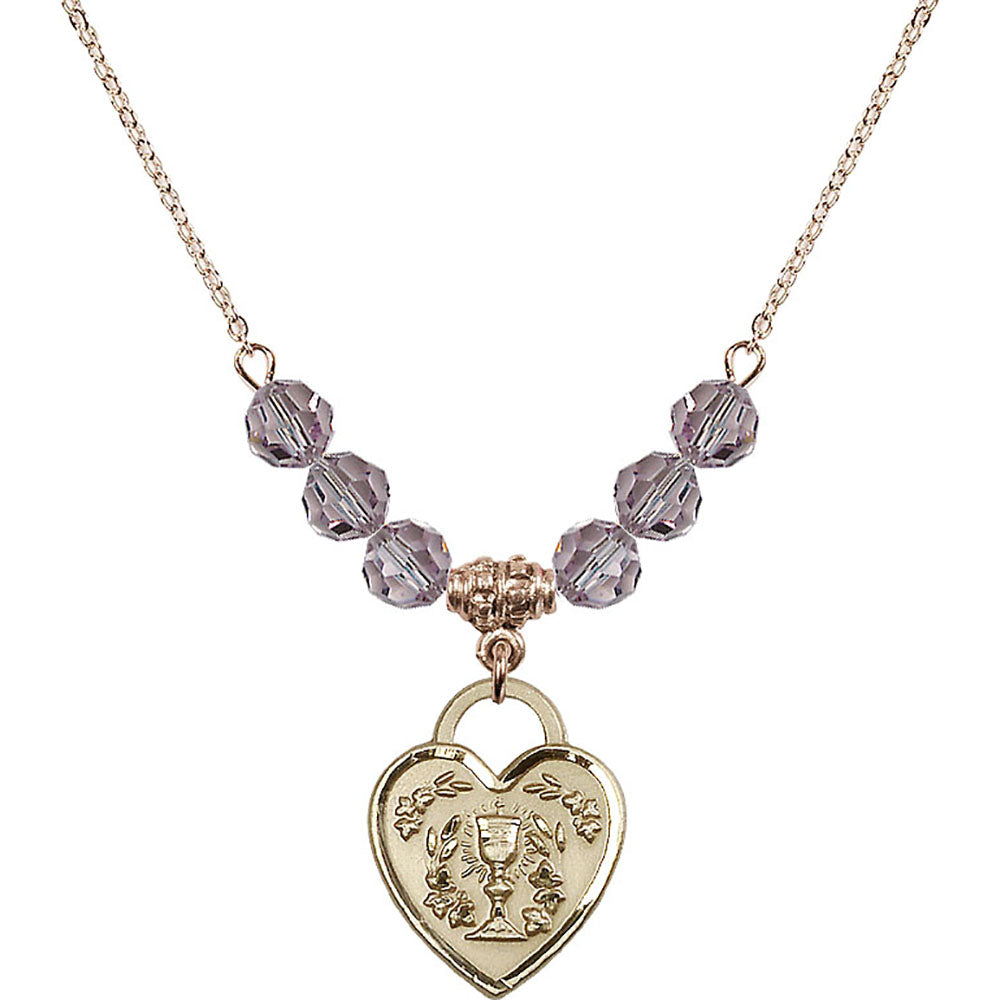14kt Gold Filled Communion Heart Birthstone Necklace with Light Amethyst Beads - 3204