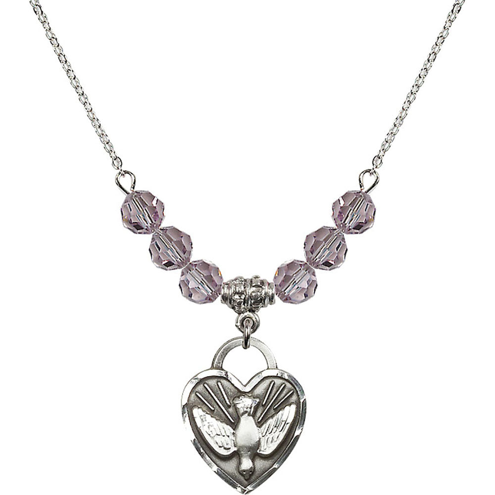 Sterling Silver Confirmation Heart Birthstone Necklace with Light Amethyst Beads - 3205