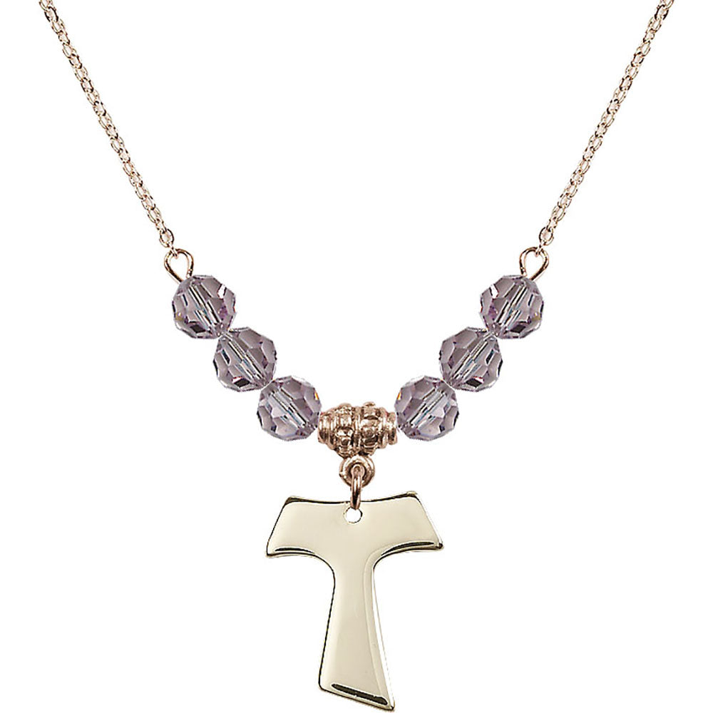 14kt Gold Filled Tau Cross Birthstone Necklace with Light Amethyst Beads - 3948