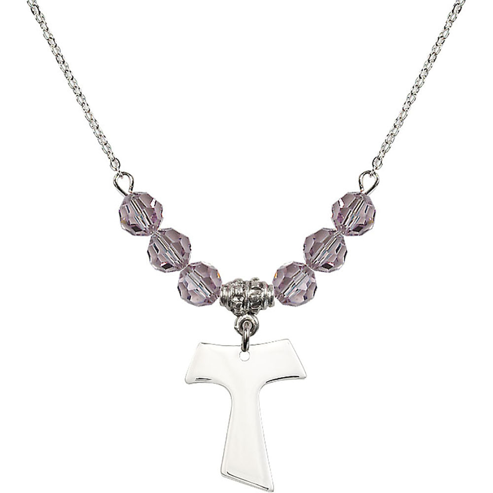 Sterling Silver Tau Cross Birthstone Necklace with Light Amethyst Beads - 3948
