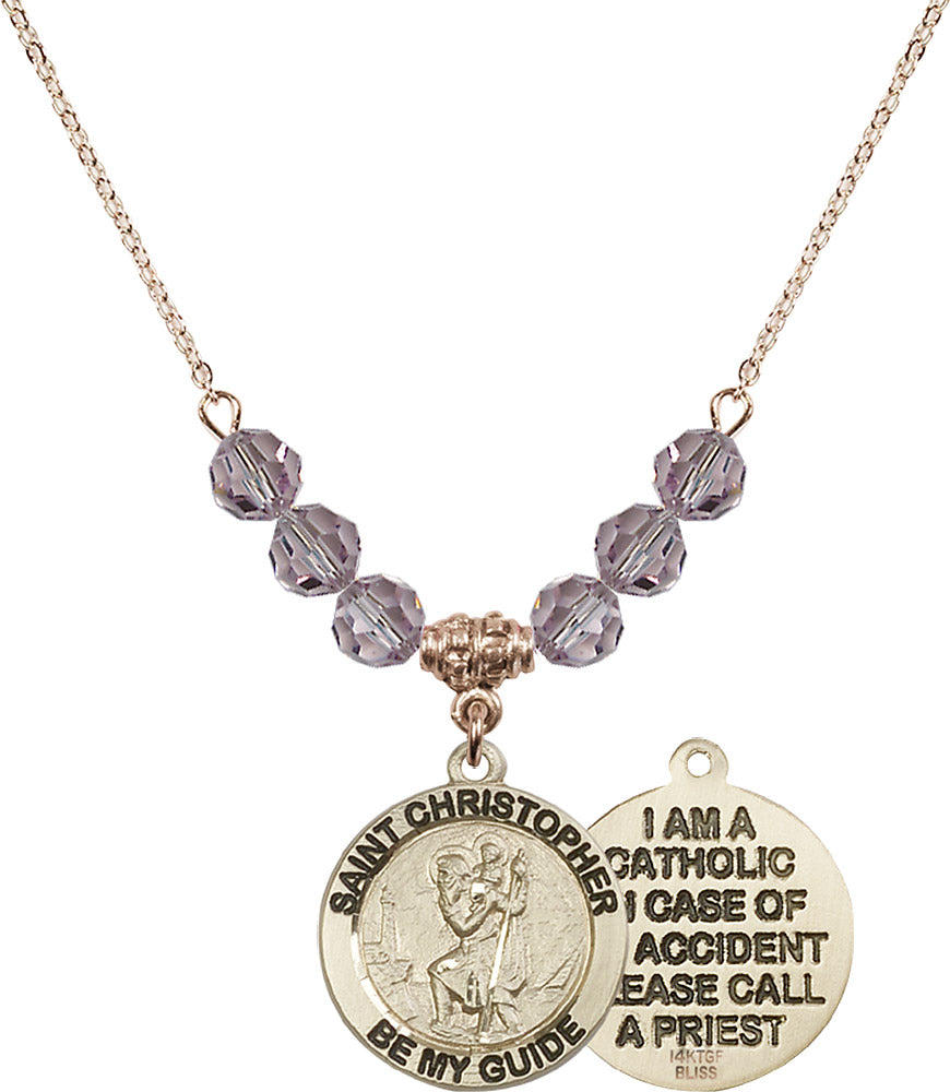 14kt Gold Filled Saint Christopher Birthstone Necklace with Light Amethyst Beads - 4049