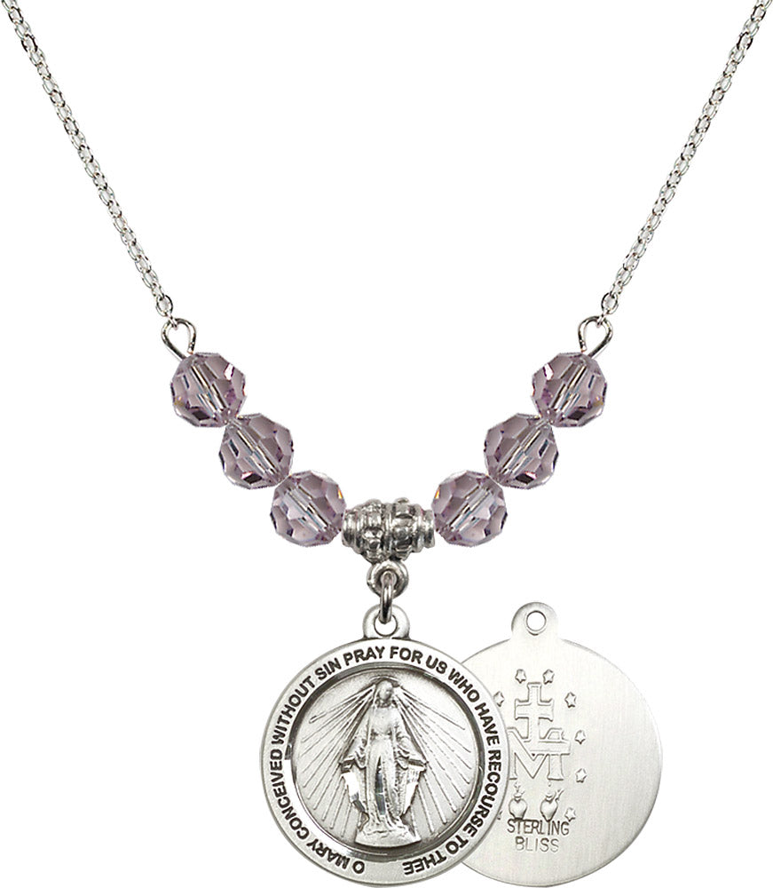 Sterling Silver Miraculous Birthstone Necklace with Light Amethyst Beads - 4056
