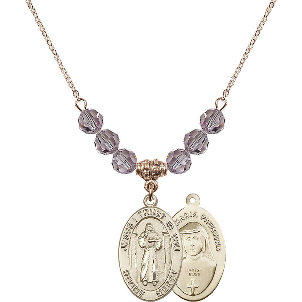14kt Gold Filled Divine Mercy Birthstone Necklace with Light Amethyst Beads - 4123