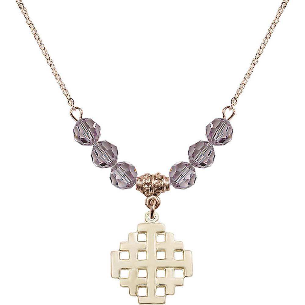 14kt Gold Filled Jerusalem Cross Birthstone Necklace with Light Amethyst Beads - 4139