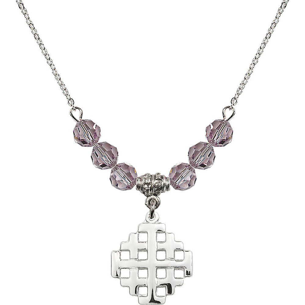 Sterling Silver Jerusalem Cross Birthstone Necklace with Light Amethyst Beads - 4139