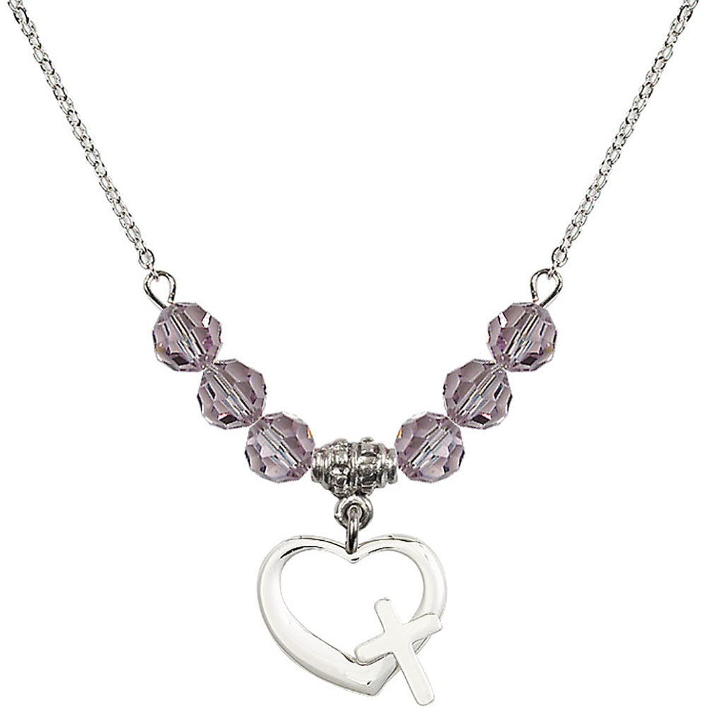 Sterling Silver Heart / Cross Birthstone Necklace with Light Amethyst Beads - 4207