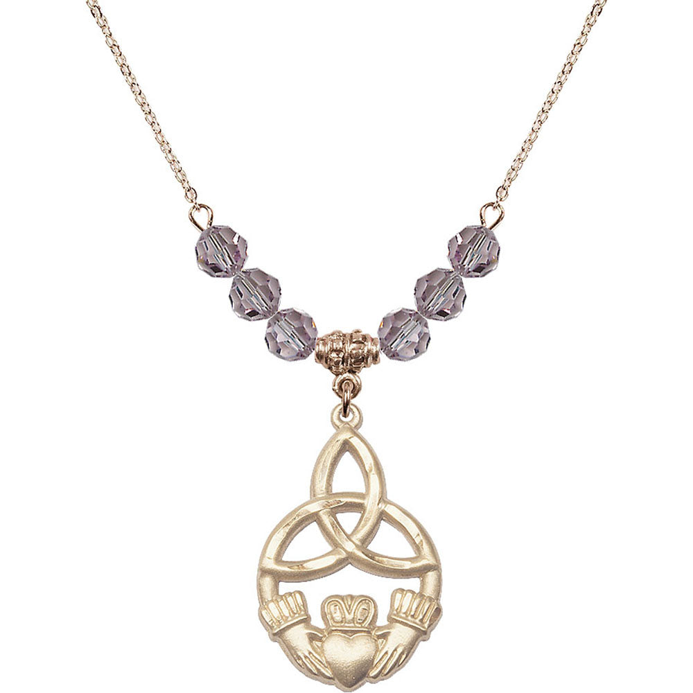 14kt Gold Filled Irish Knot / Claddagh Birthstone Necklace with Light Amethyst Beads - 5102
