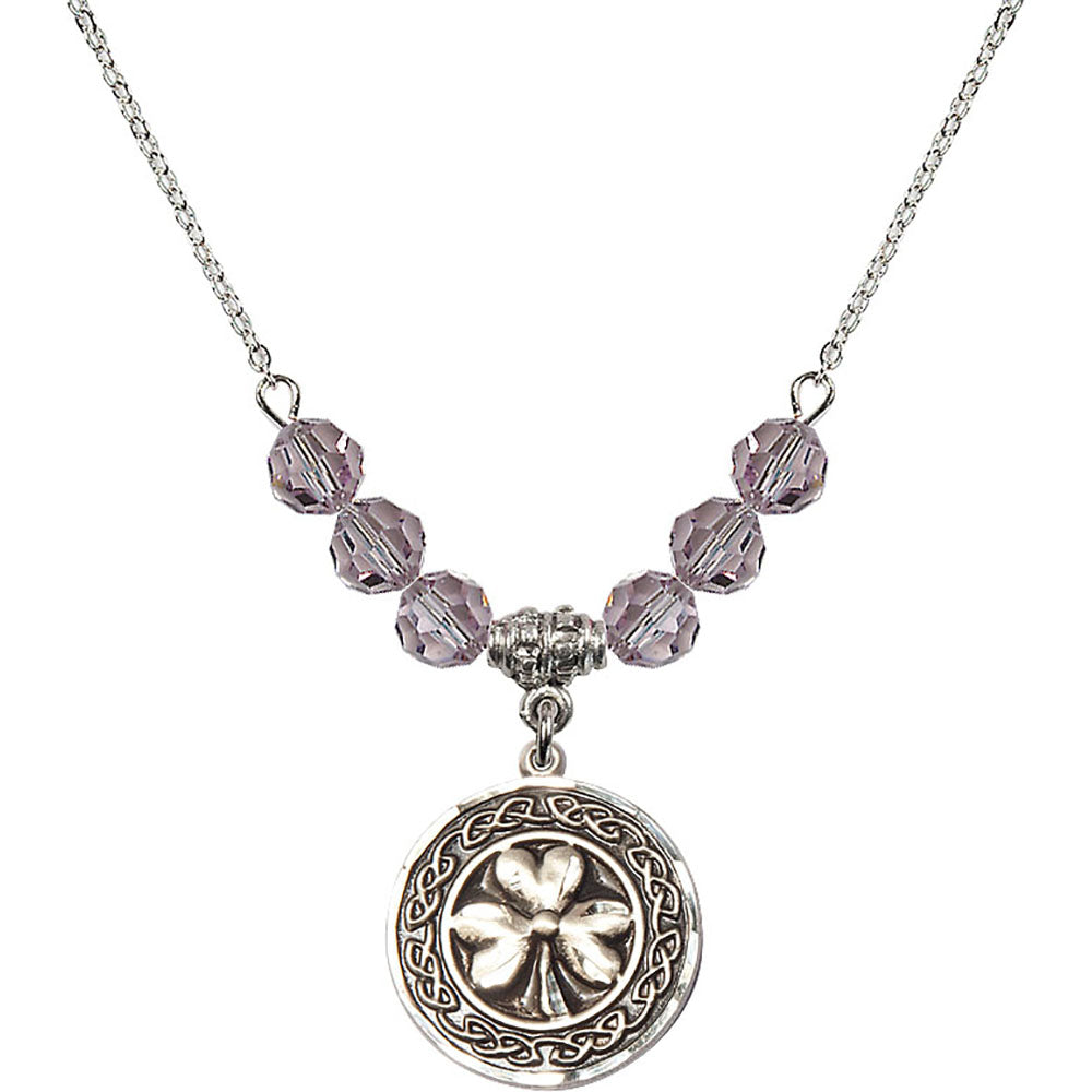 Sterling Silver Shamrock w/ Celtic Border Birthstone Necklace with Light Amethyst Beads - 5106