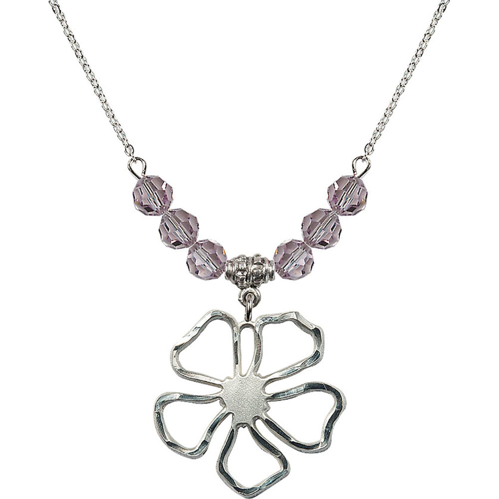 Sterling Silver Five Pedal Flower Birthstone Necklace with Light Amethyst Beads - 5109
