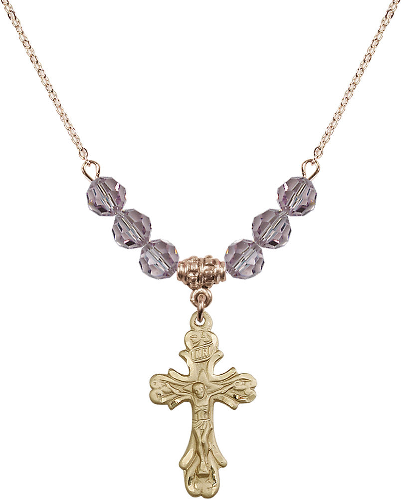 14kt Gold Filled Crucifix Birthstone Necklace with Light Amethyst Beads - 5421