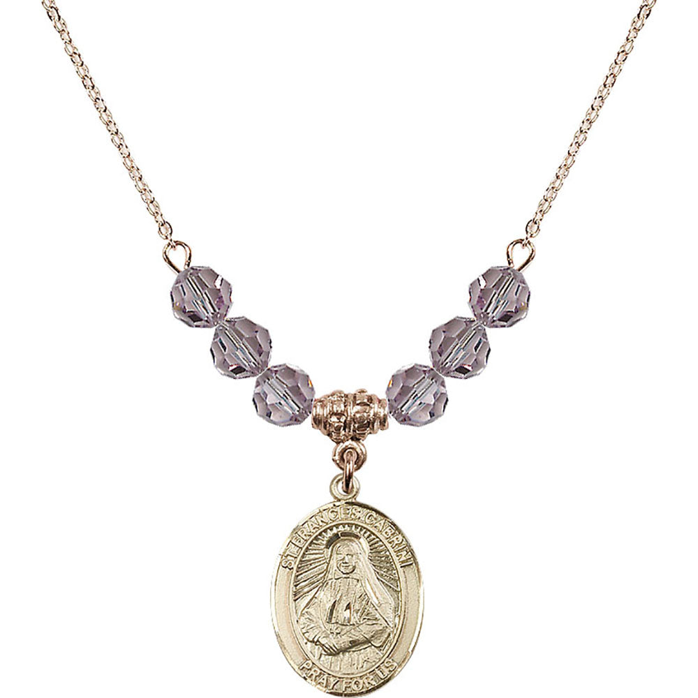 14kt Gold Filled Saint Frances Cabrini Birthstone Necklace with Light Amethyst Beads - 8011