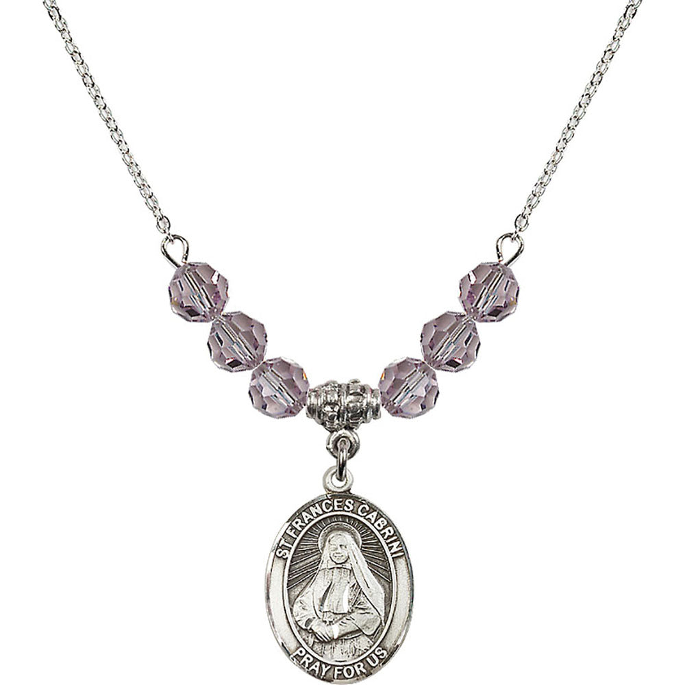 Sterling Silver Saint Frances Cabrini Birthstone Necklace with Light Amethyst Beads - 8011