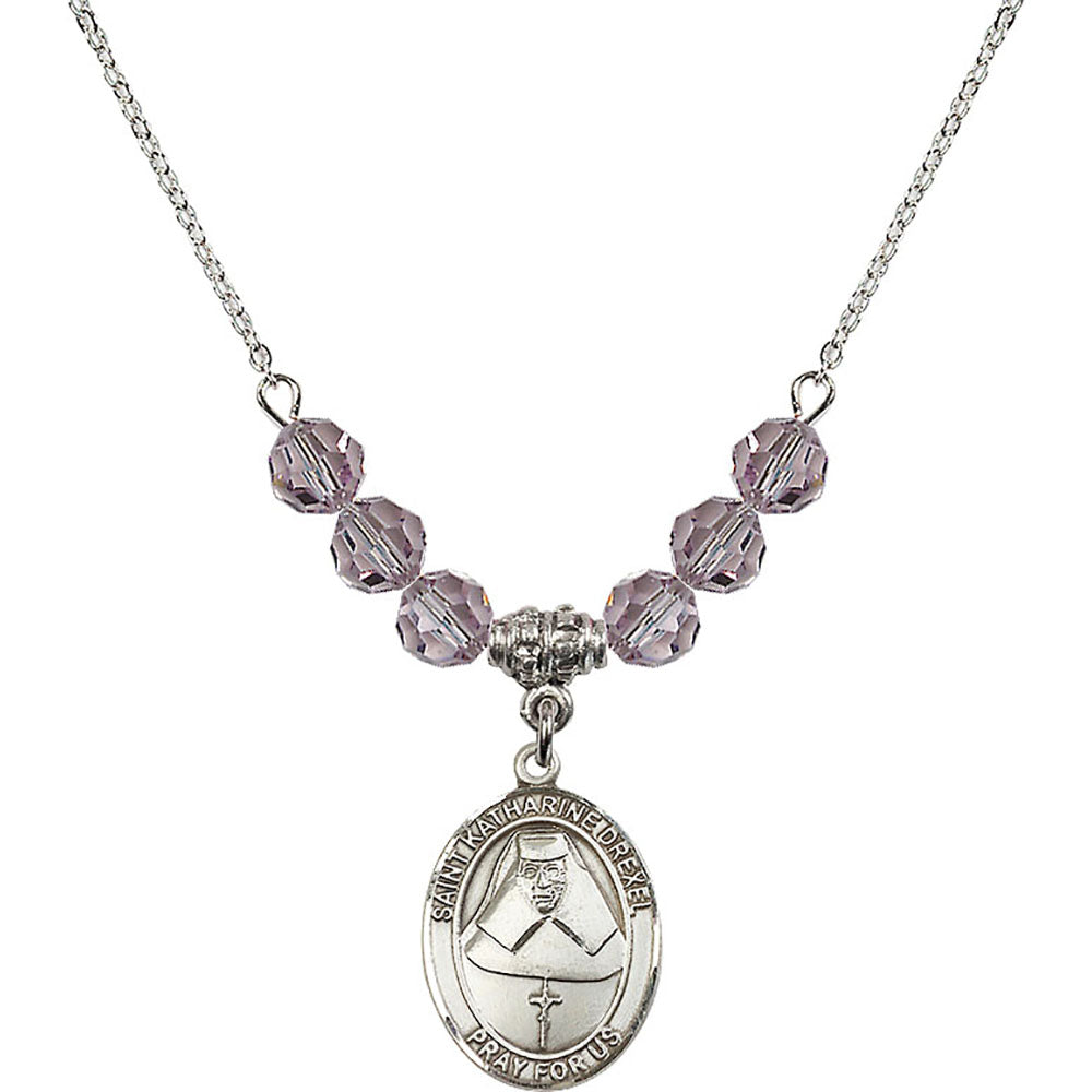 Sterling Silver Saint Katharine Drexel Birthstone Necklace with Light Amethyst Beads - 8015