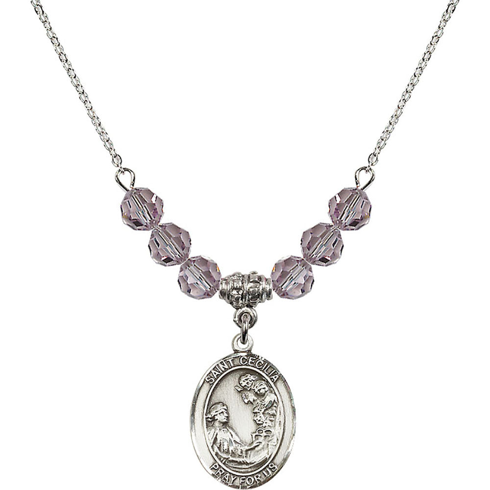 Sterling Silver Saint Cecilia Birthstone Necklace with Light Amethyst Beads - 8016