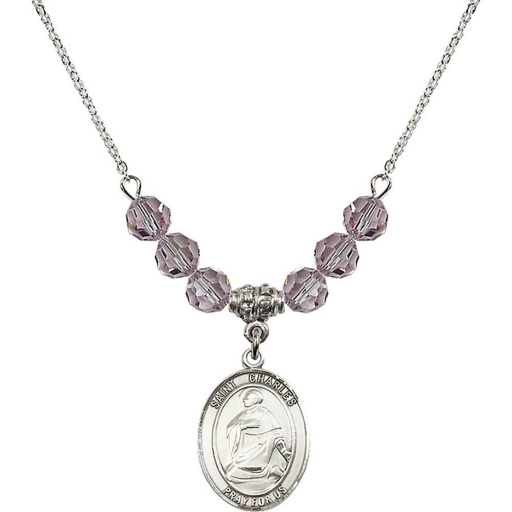 Sterling Silver Saint Charles Borromeo Birthstone Necklace with Light Amethyst Beads - 8020