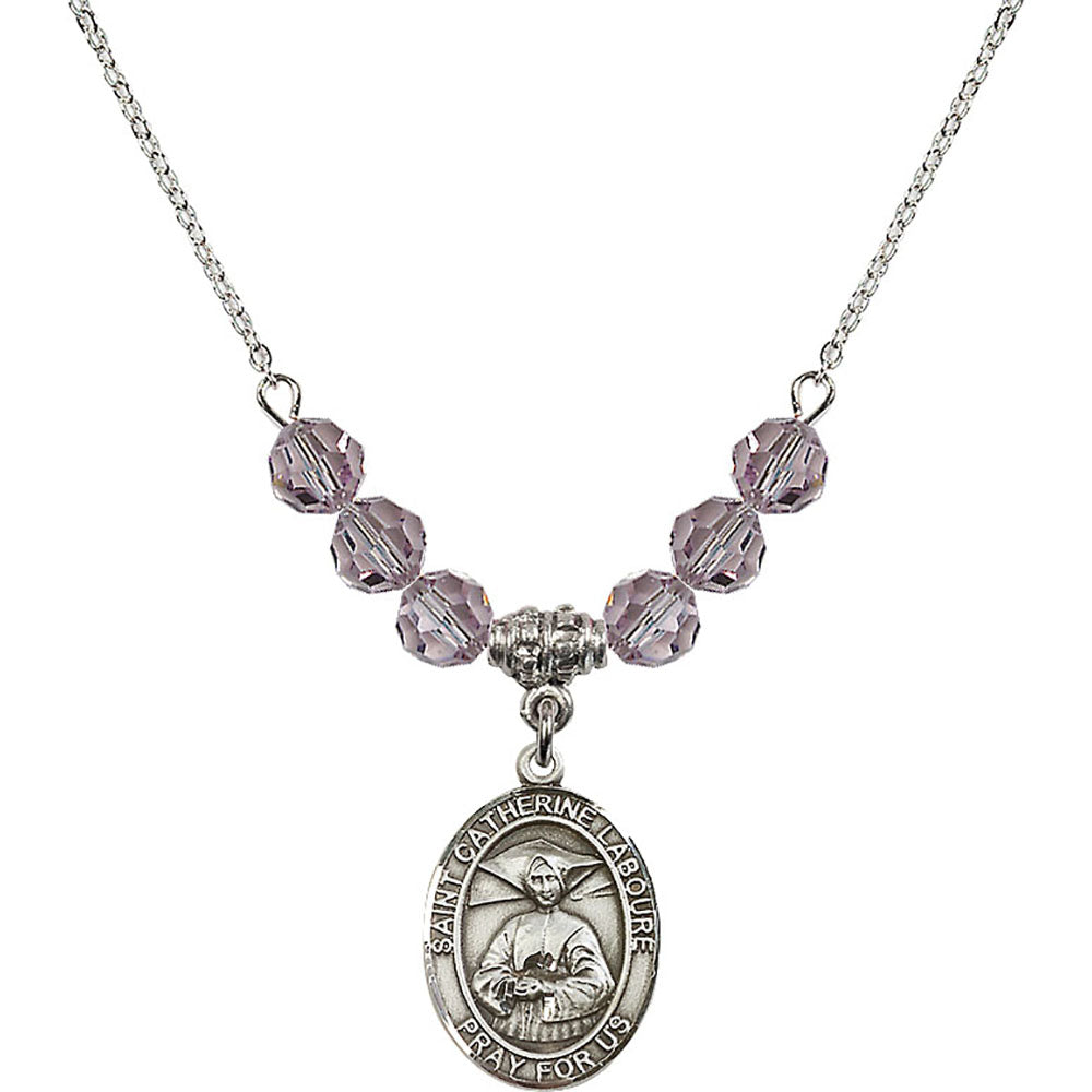 Sterling Silver Saint Catherine Laboure Birthstone Necklace with Light Amethyst Beads - 8021