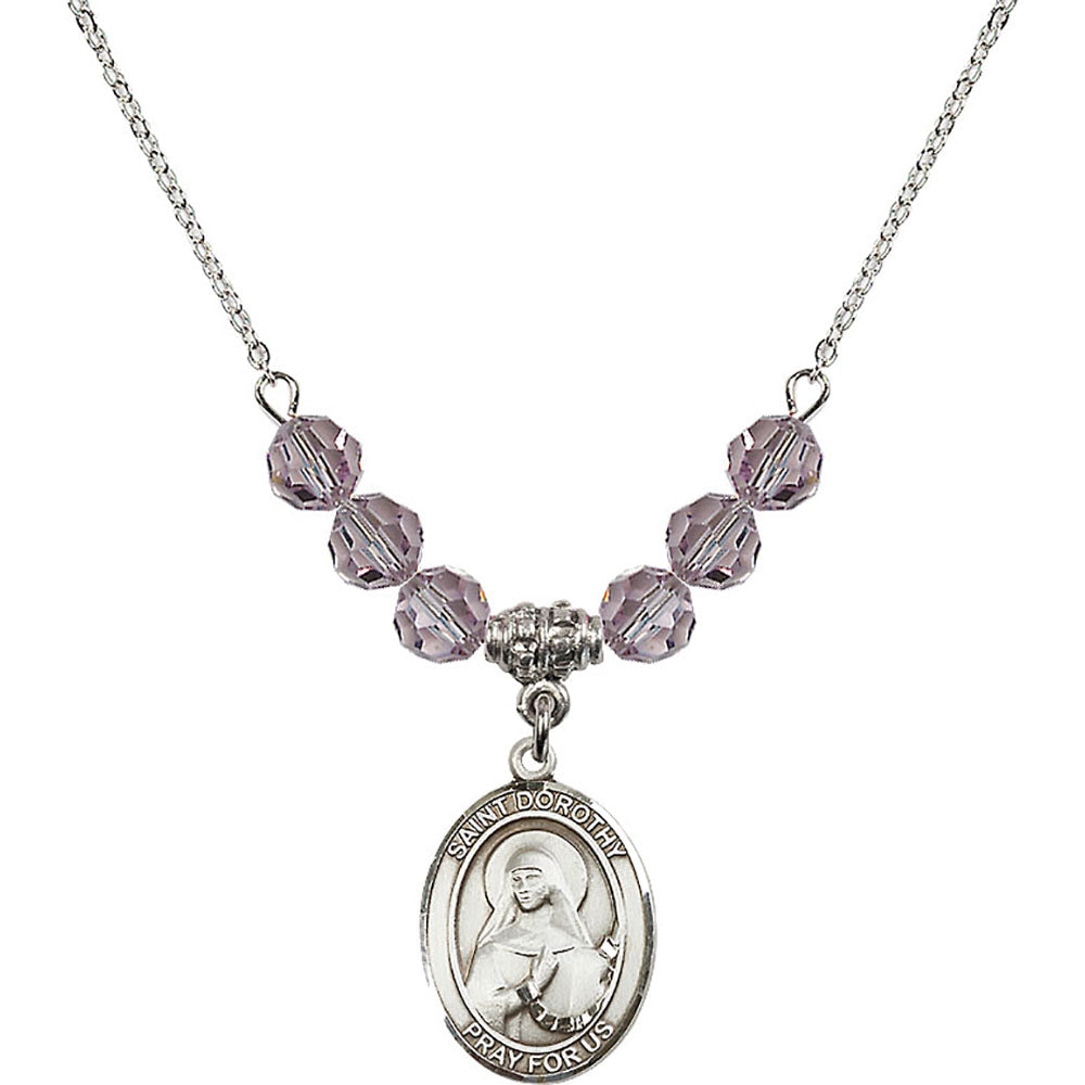 Sterling Silver Saint Dorothy Birthstone Necklace with Light Amethyst Beads - 8023