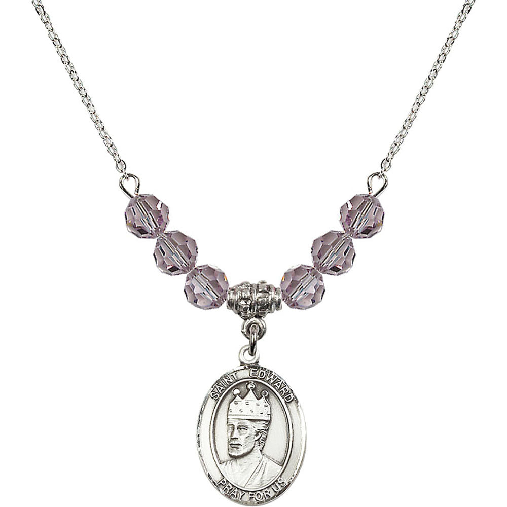 Sterling Silver Saint Edward the Confessor Birthstone Necklace with Light Amethyst Beads - 8026