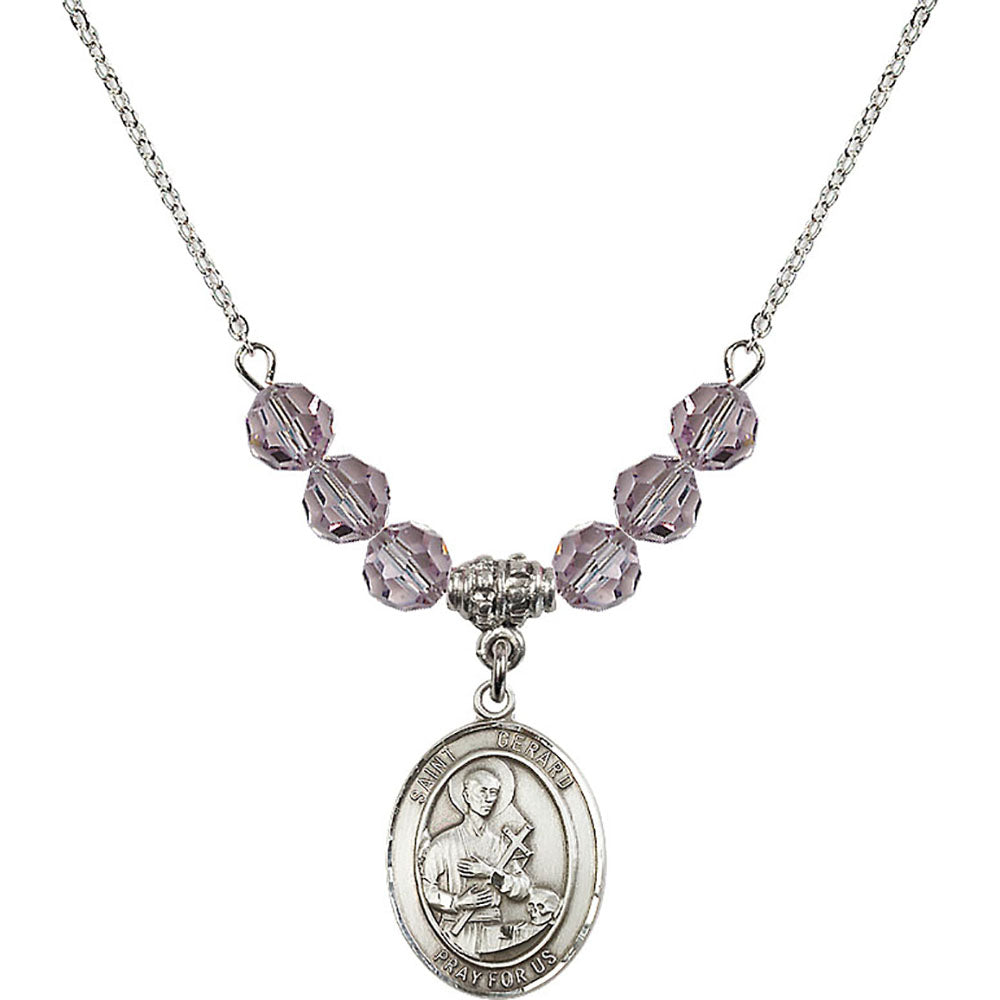 Sterling Silver Saint Gerard Majella Birthstone Necklace with Light Amethyst Beads - 8042