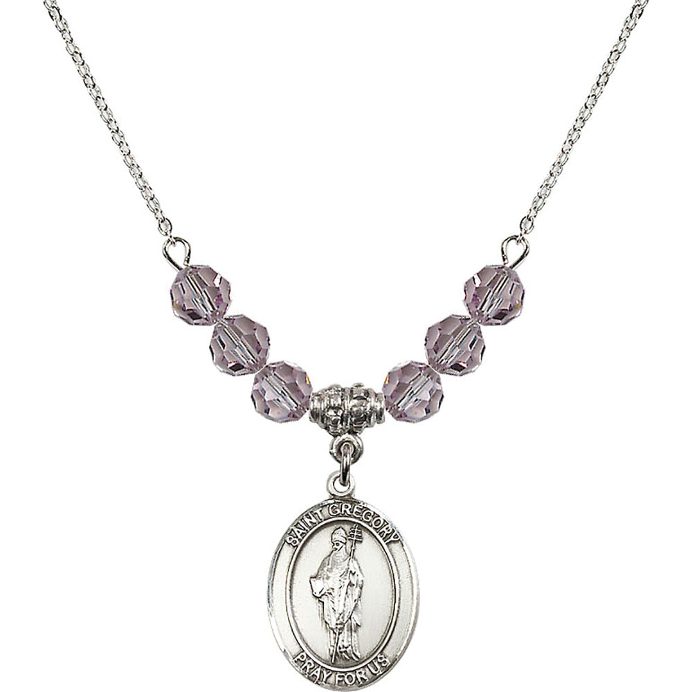 Sterling Silver Saint Gregory the Great Birthstone Necklace with Light Amethyst Beads - 8048