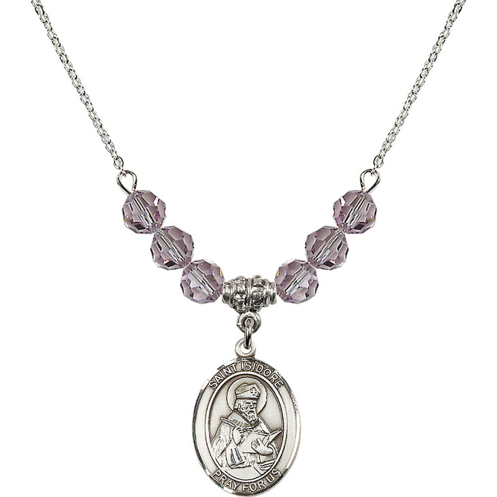 Sterling Silver Saint Isidore of Seville Birthstone Necklace with Light Amethyst Beads - 8049