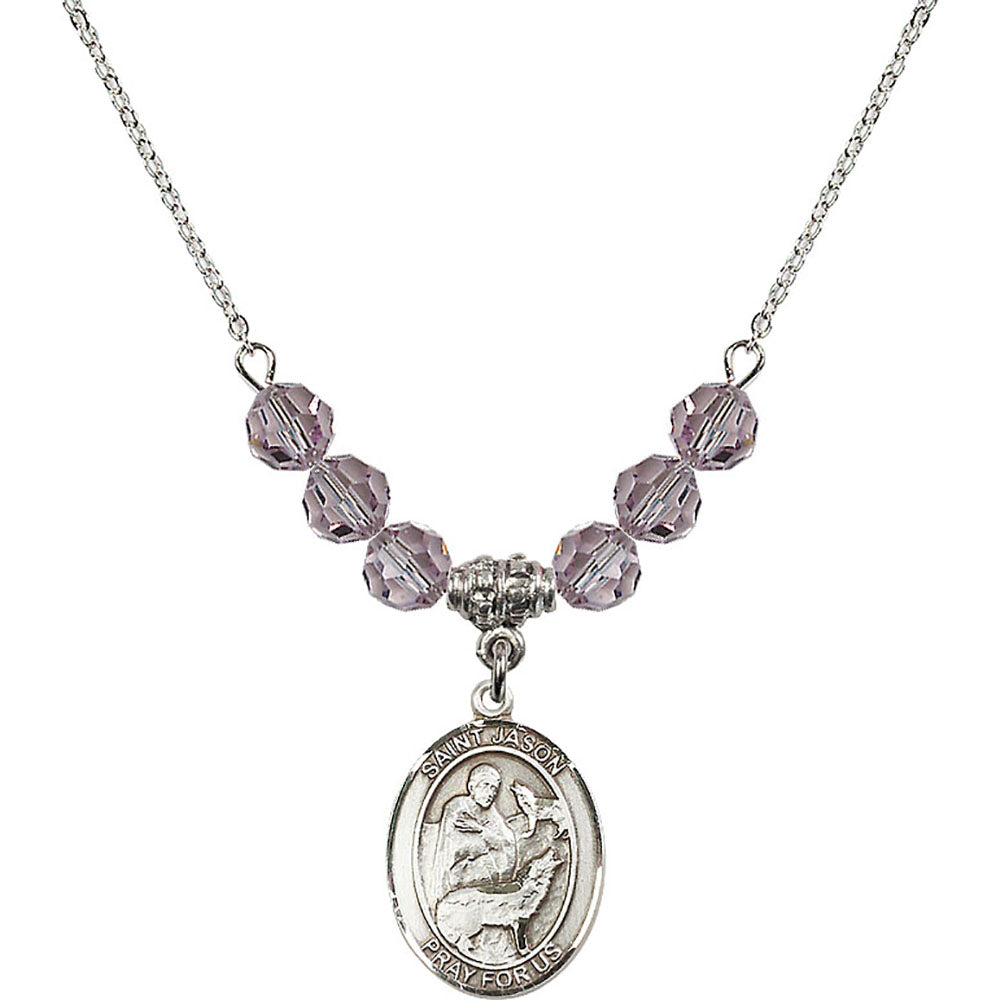 Sterling Silver Saint Jason Birthstone Necklace with Light Amethyst Beads - 8051
