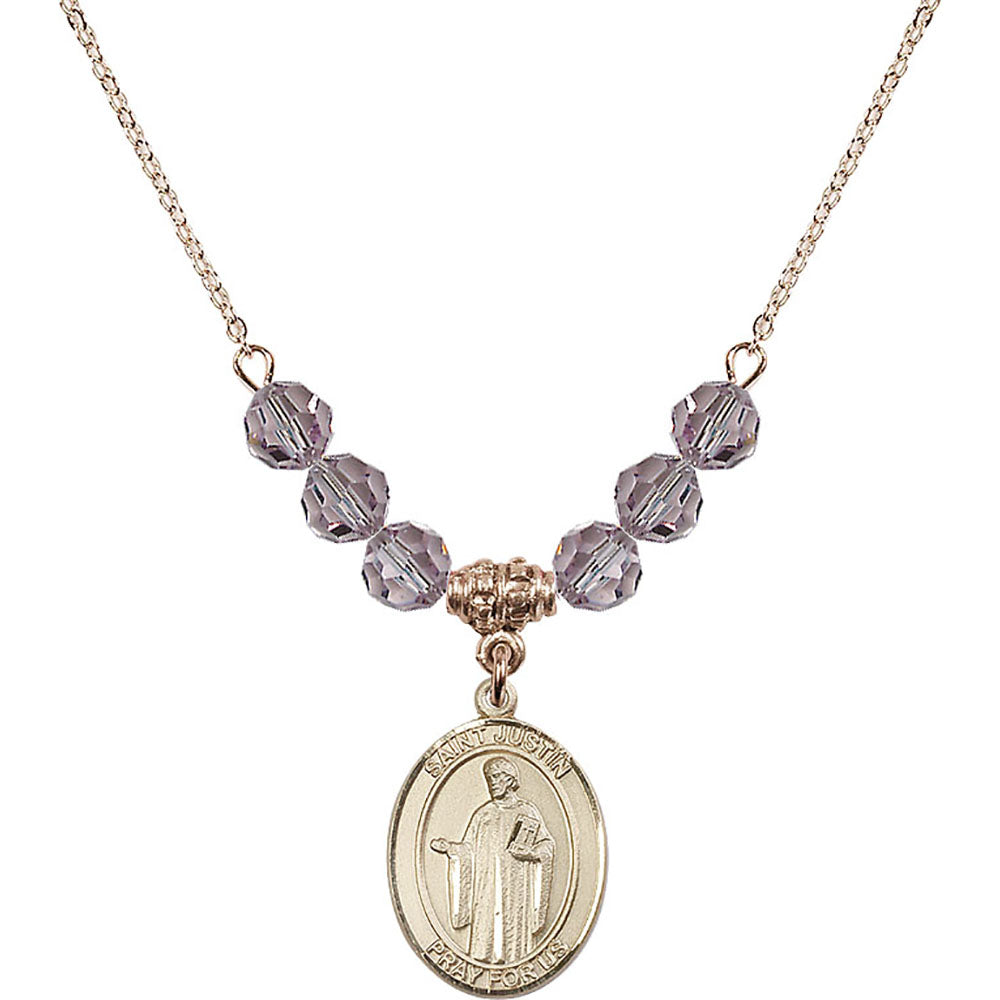 14kt Gold Filled Saint Justin Birthstone Necklace with Light Amethyst Beads - 8052