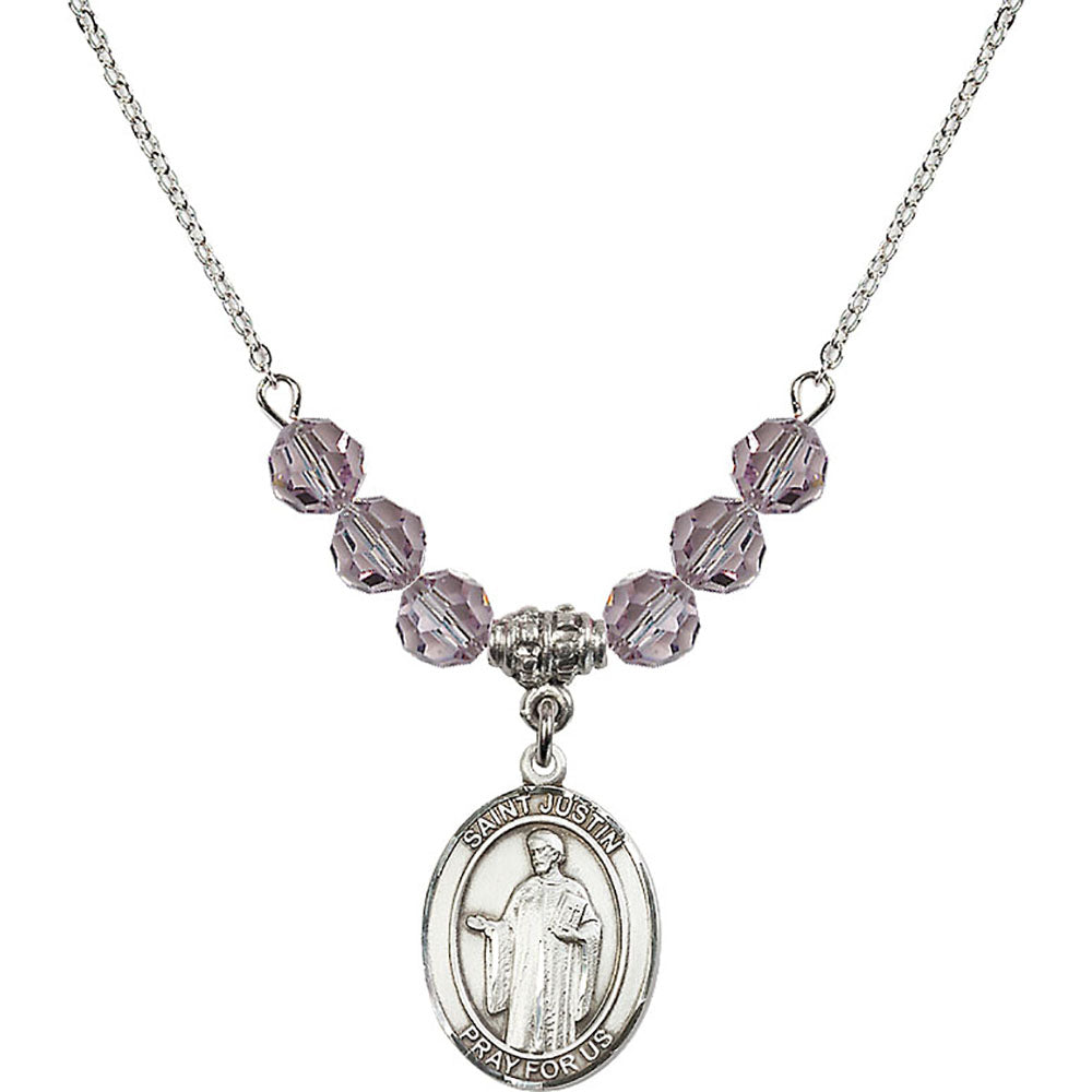 Sterling Silver Saint Justin Birthstone Necklace with Light Amethyst Beads - 8052