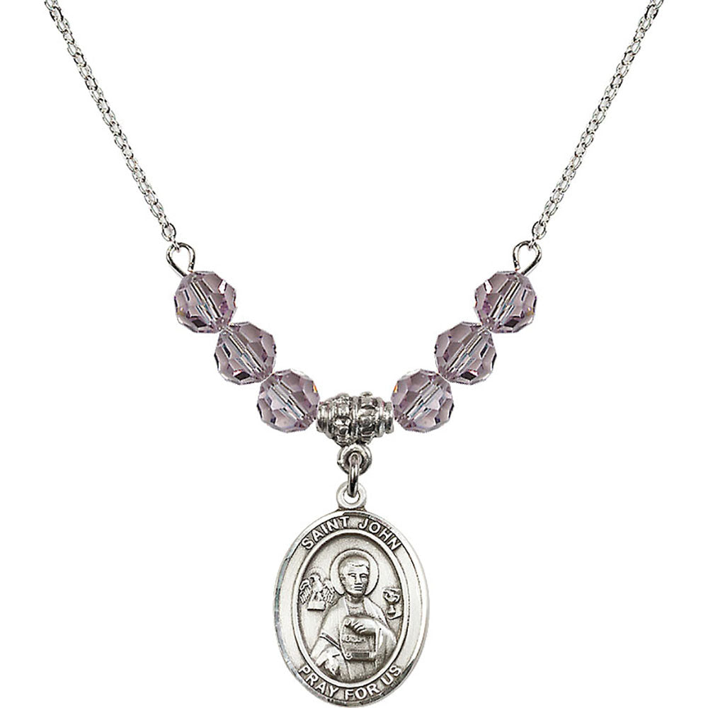 Sterling Silver Saint John the Apostle Birthstone Necklace with Light Amethyst Beads - 8056