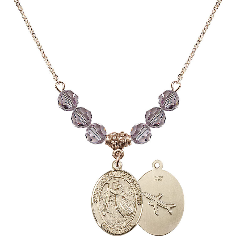 14kt Gold Filled Saint Joseph of Cupertino Birthstone Necklace with Light Amethyst Beads - 8057