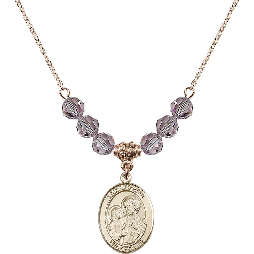 14kt Gold Filled Saint Joseph Birthstone Necklace with Light Amethyst Beads - 8058