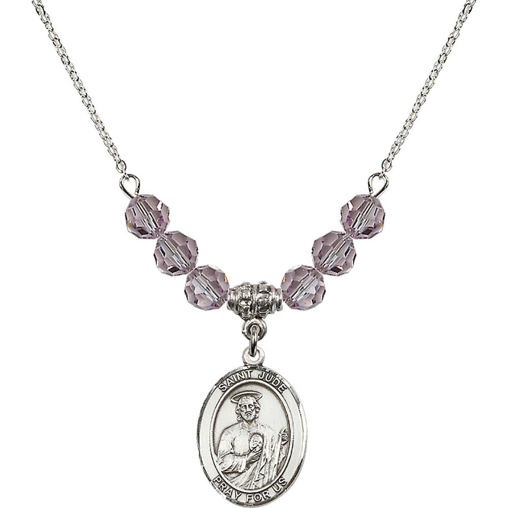 Sterling Silver Saint Jude Thaddeus Birthstone Necklace with Light Amethyst Beads - 8060