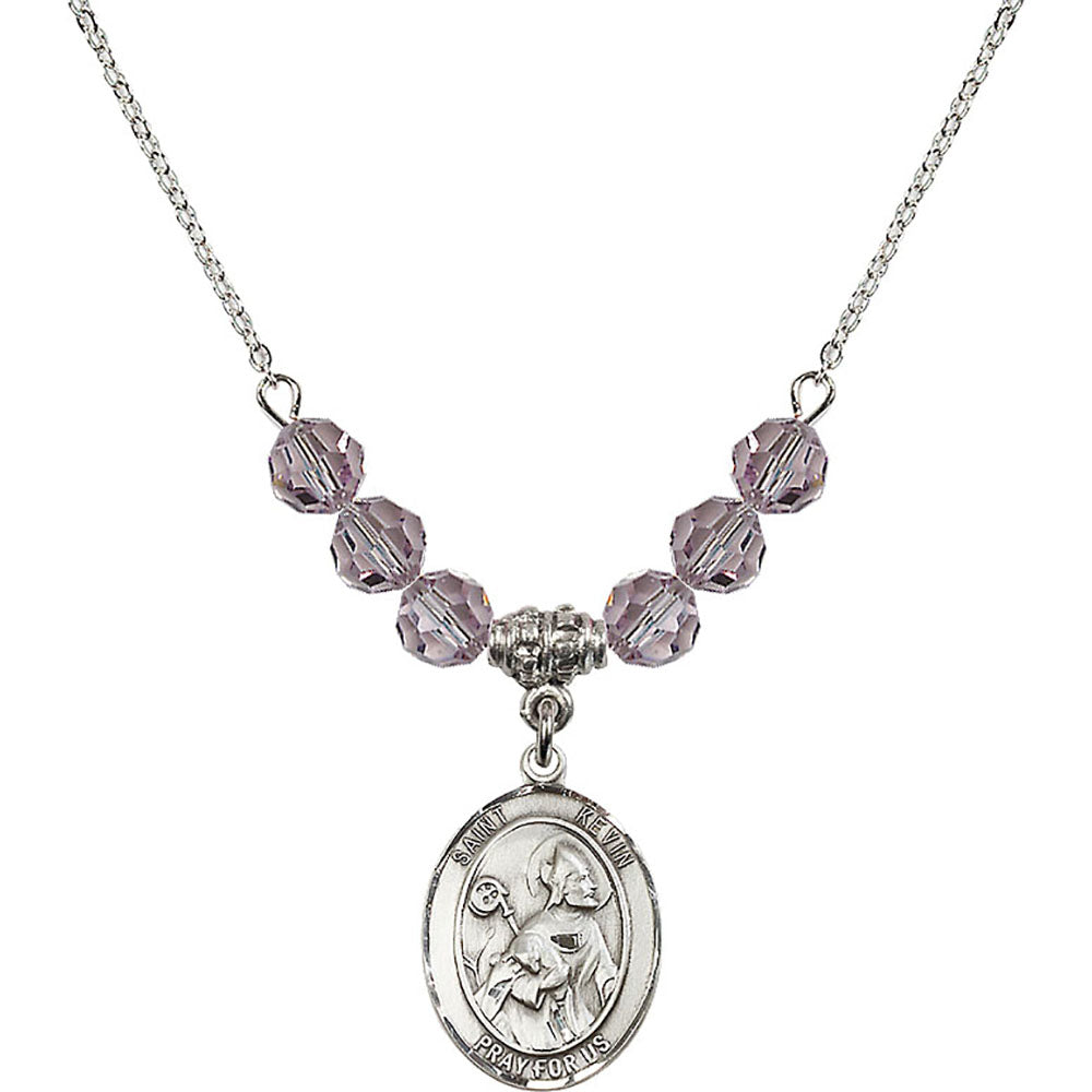 Sterling Silver Saint Kevin Birthstone Necklace with Light Amethyst Beads - 8062