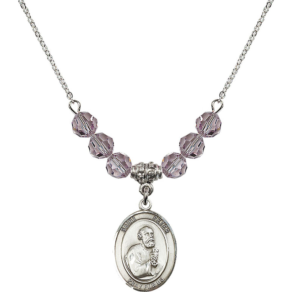 Sterling Silver Saint Peter the Apostle Birthstone Necklace with Light Amethyst Beads - 8090