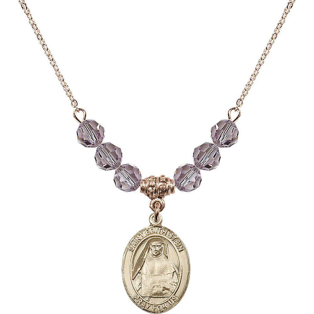 14kt Gold Filled Saint Edith Stein Birthstone Necklace with Light Amethyst Beads - 8103